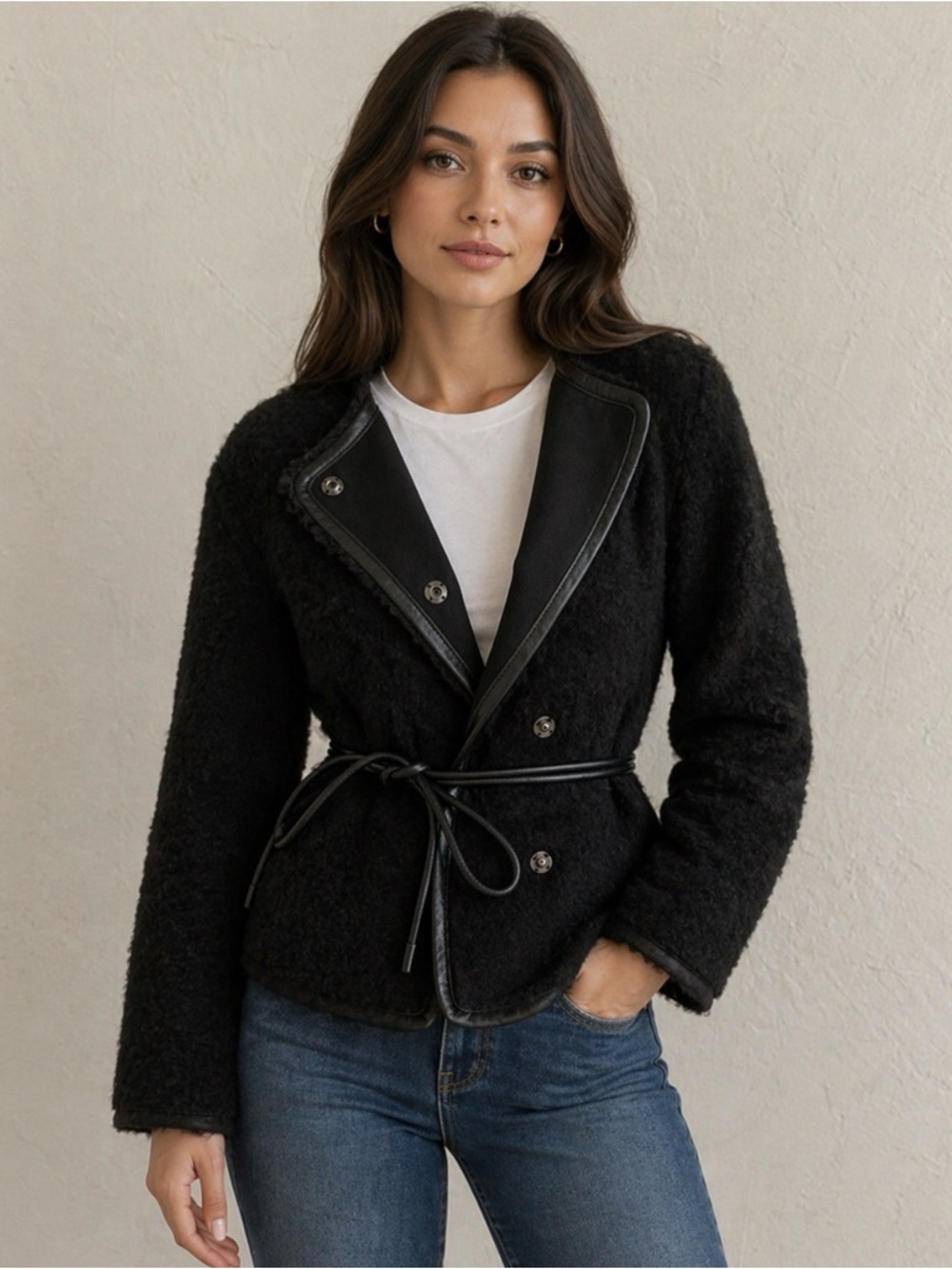 Medium Stills jacket. Wool blend with cotton lining and lamb skin belt.